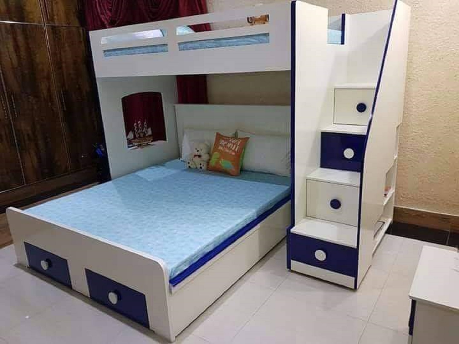 NavyBlue White Queen Size Bunk