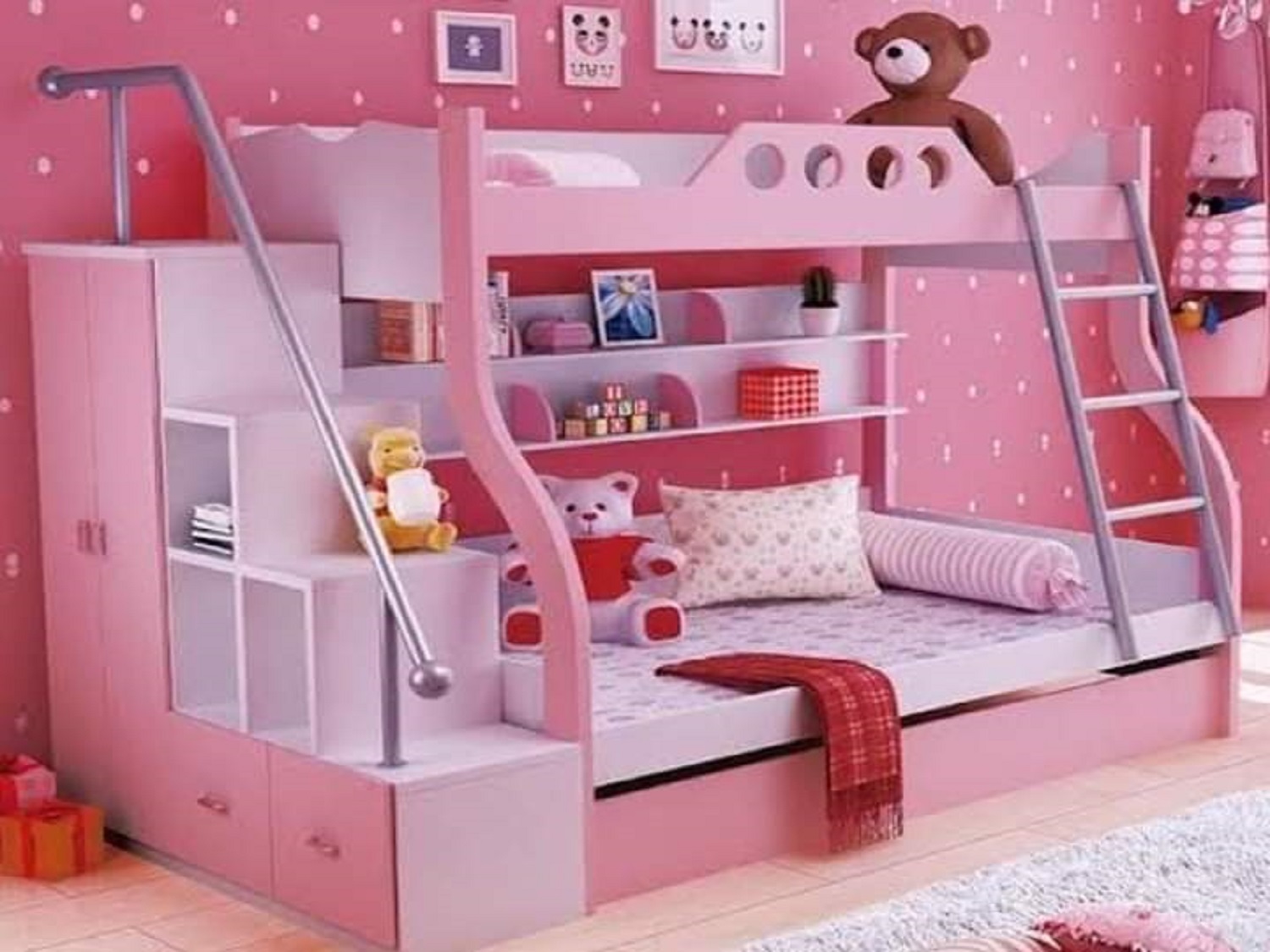 Baby Pink White Bunk Bed With Storage