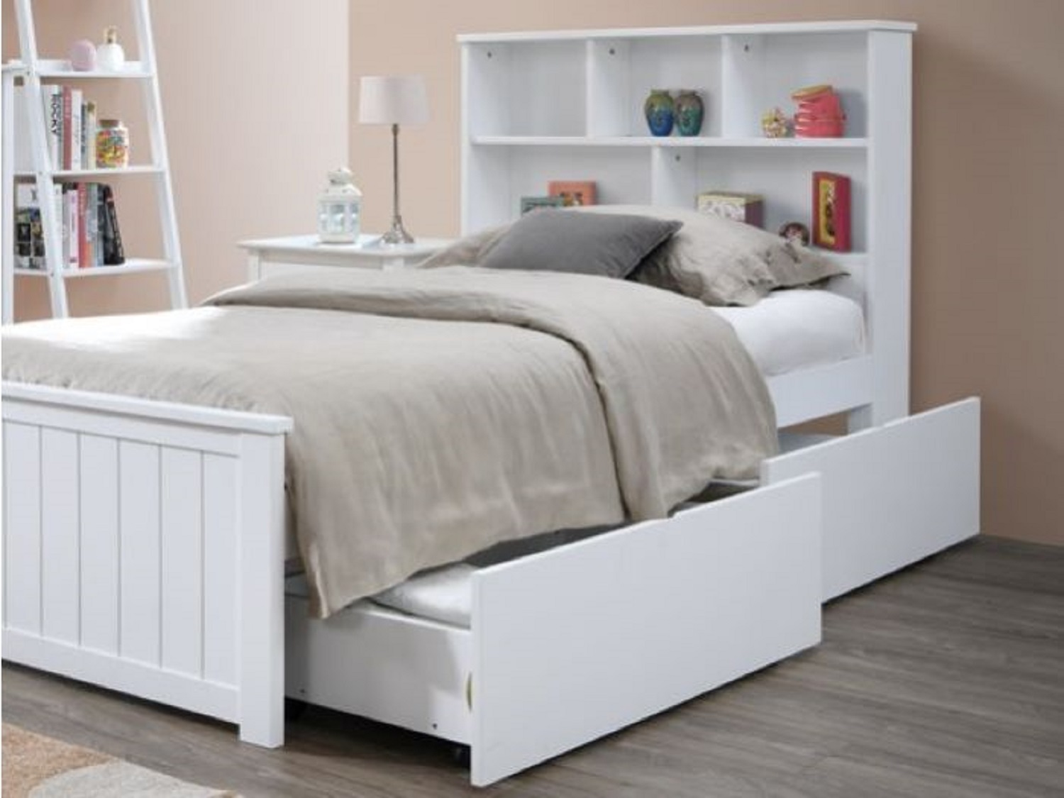 White Single bed with Pullout Draws