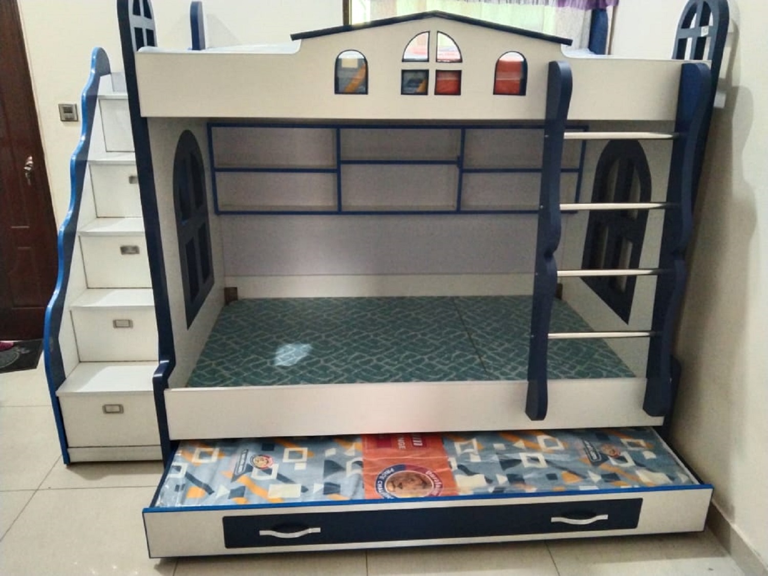 Navy Blue White Triple Bunk Bed